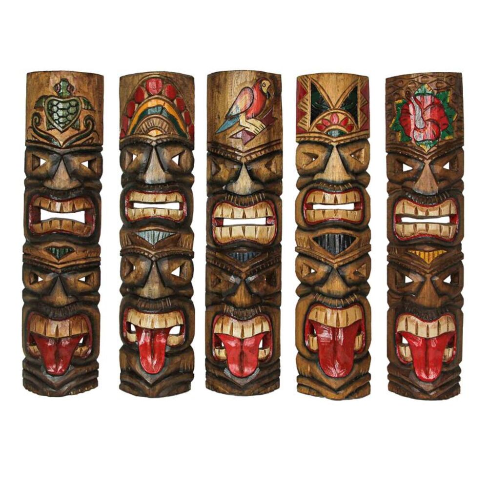 Set of 5 Hand-Carved Wood Double Tiki Mask Totem Wall Hangings 24 Inches High
